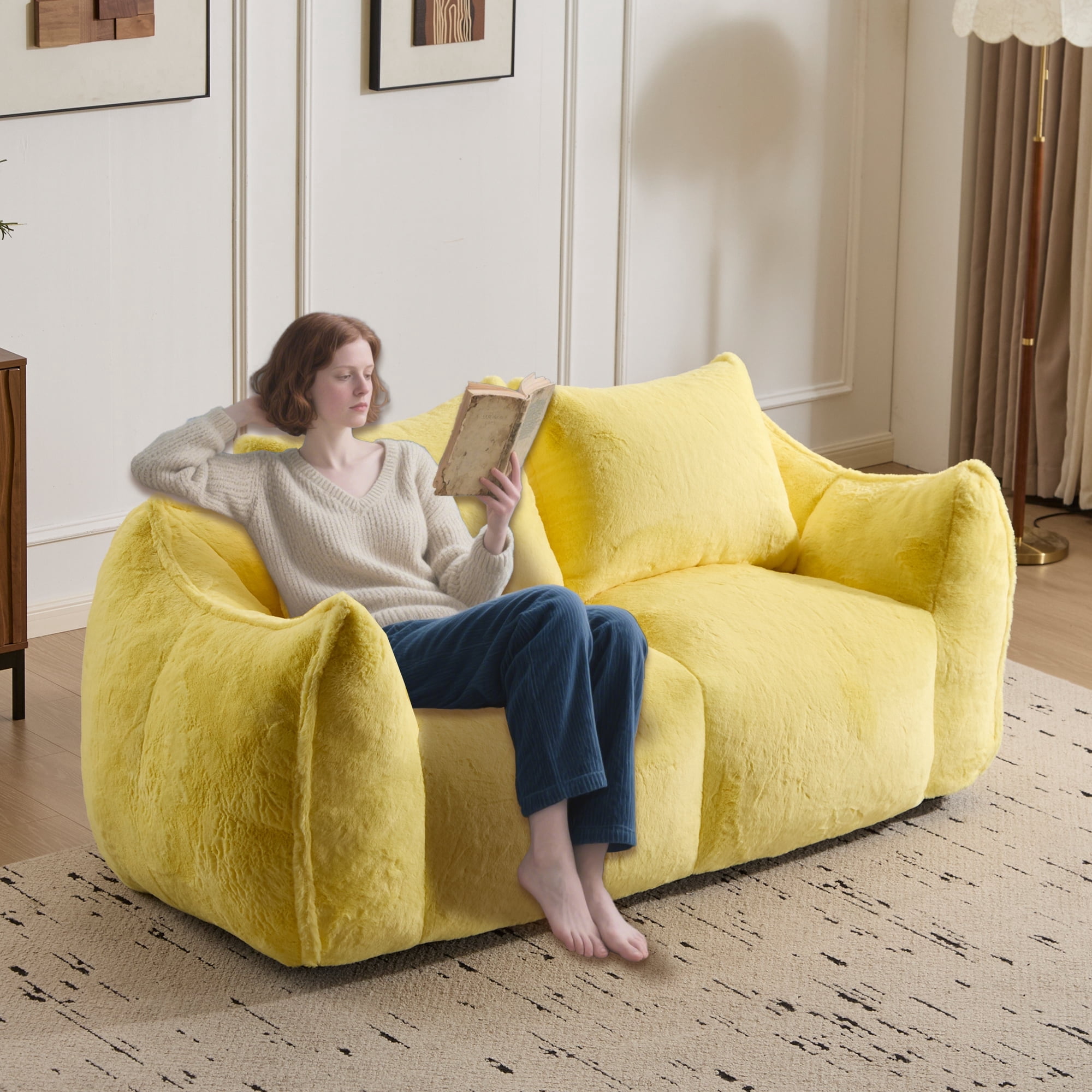 Leumius 2 Seater Boneless Sofa,Giant Bean Bag Sofa Couch with Pillows, Oversized Chaise Lounge Chair for Living Room Bedroom,No Assembly,Yellow