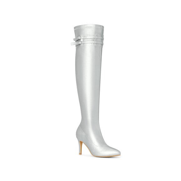 BLISSFUL STEP Women's Boots Thigh High Stiletto Heel Pointed Toe Buckle Zipper Boots Silver 9.5