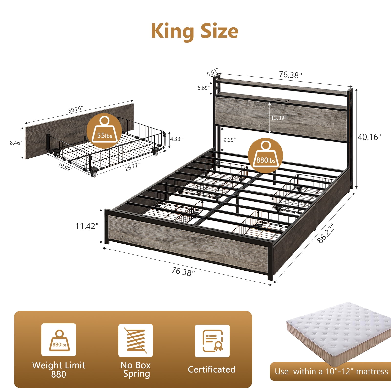 Ktaxon King Size Bed Frame with Charging Station & LED Storage Headboard, Metal Platform Bed Frame with 4 Underbed Drawers for bedroom, Gray