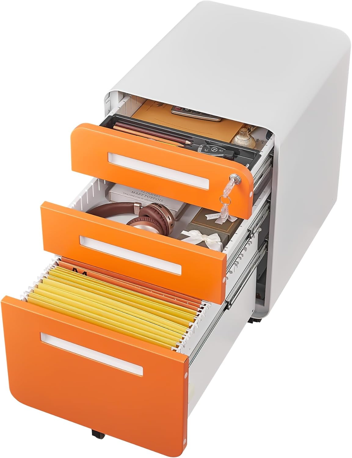3-Drawer Mobile File Cabinet with Lock, Under-Desk Steel Rolling Cabinet for A4, Letter & Legal Files, 5-Wheel Anti-Tilt, Fully Assembled, Home Office, Orange