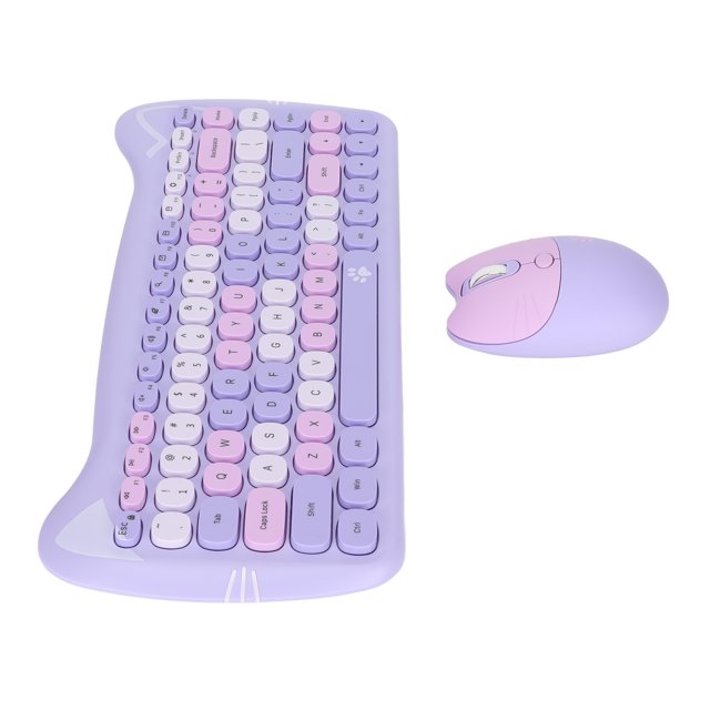 2.4G Wireless Keyboard and Mouse, Cute Cat shape Wireless Keyboard and Mouse Ergonomic Design Energy Saving For Gaming For Office Purple Mix