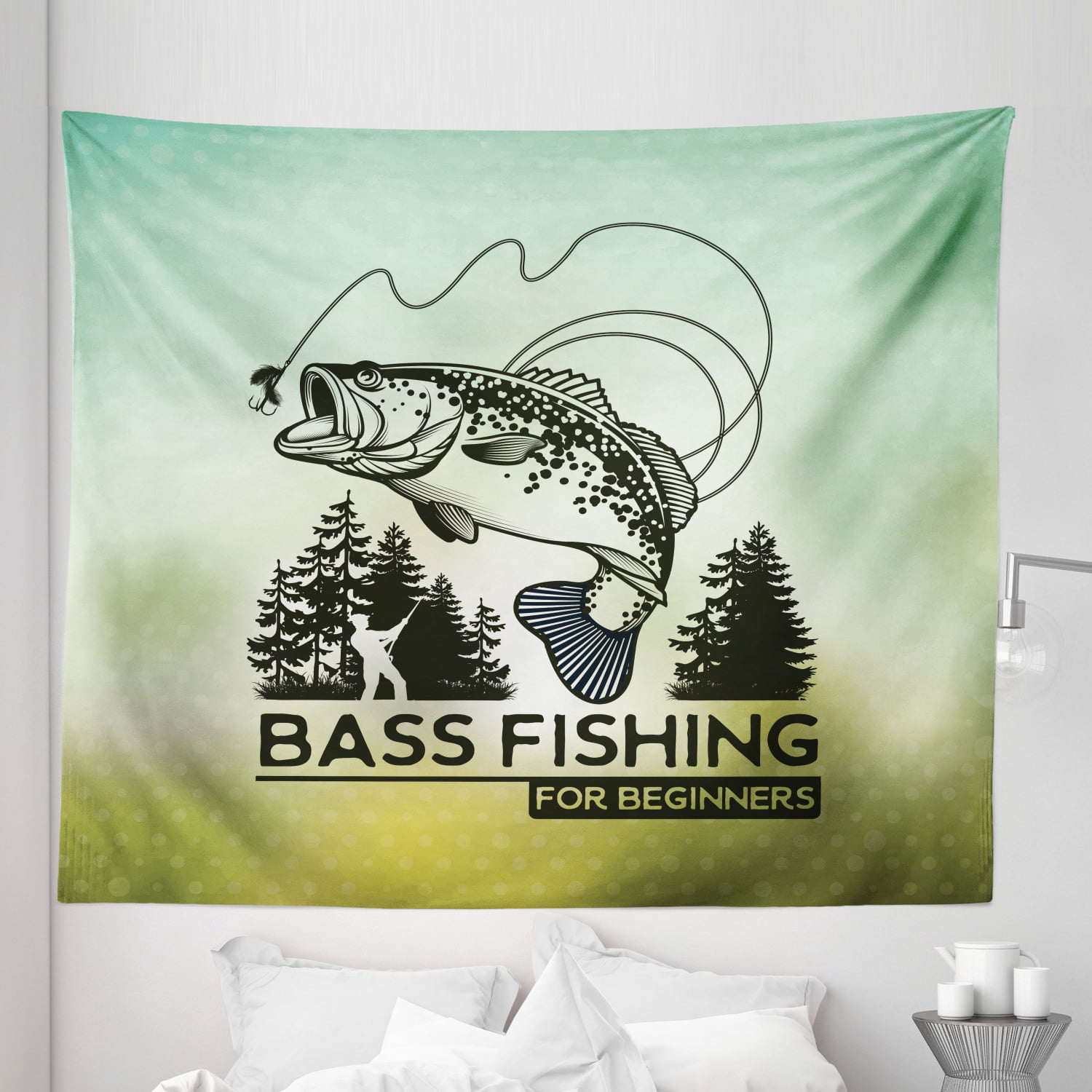 Bass Fish Tapestry, Fishing Beginners Hunting Sea Animals Hook and Bait Man  in Forest, Fabric Wall Hanging Decor for Bedroom Living Room Dorm, 5 Sizes,  Pale Green and Evergreen, by Ambesonne -