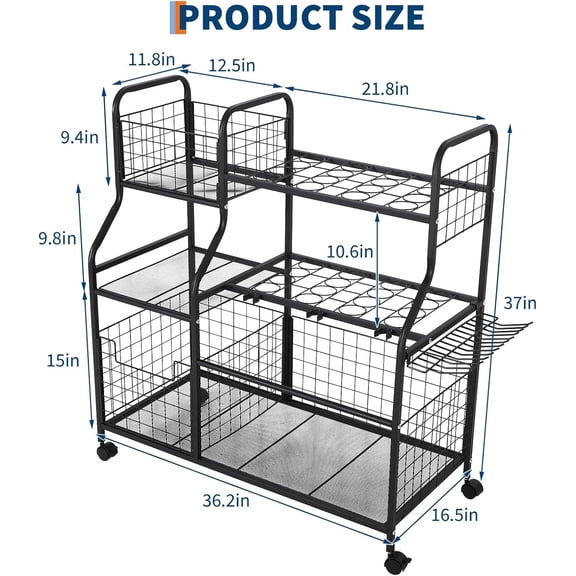 Acekid Yard Storage Rack - Rolling Garage Tool Organizer for Lawn Care & Outdoor Tool Storage, Black