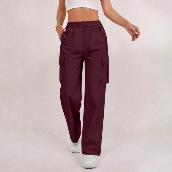 BRGZLK Sweatpants for Women Solid Color Elastic Waist Pocket and Side Striped Wide Leg Baggy Casual Work Long Pants Wine M