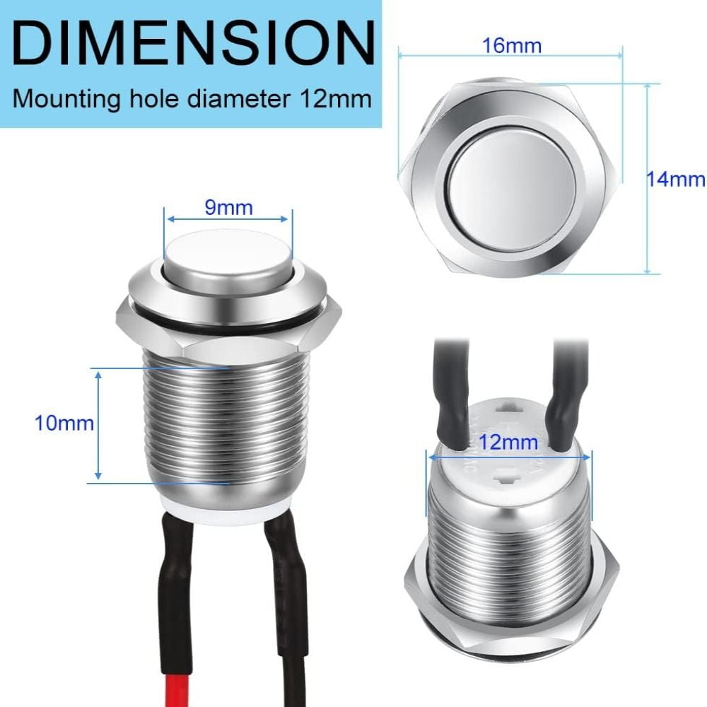 Pack Of 3 - 16mm Push Button Switches, 12V 3A, IP65 Waterproof, Stainless Steel, Red LED, Latching/Momentary, 1NO1NC