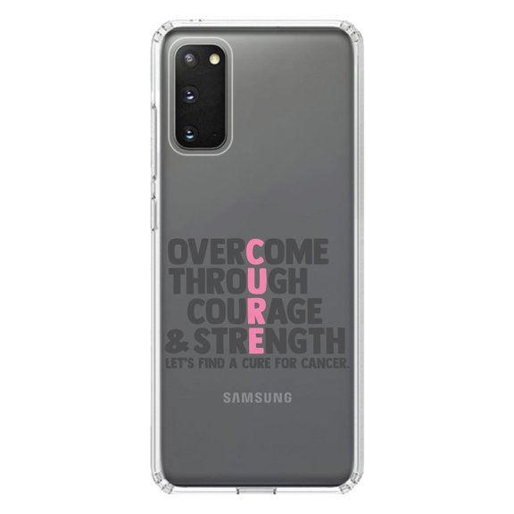 DistinctInk Clear Shockproof Hybrid Case for Galaxy S20 ULTRA / 5G (6.9" Screen) - TPU Bumper Acrylic Back Tempered Glass Screen Protector - Pink Ribbon Cancer - Cure Word Art