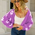 thumbnail image 3 of SWSMCLT Women's V Neck Knit Crop Sweater Bishop Long Sleeve Warm Fashion Cozy Slouchy Short Open Front Cardigan Soft Floral Winter Fluffy Purple X-Large, 3 of 4