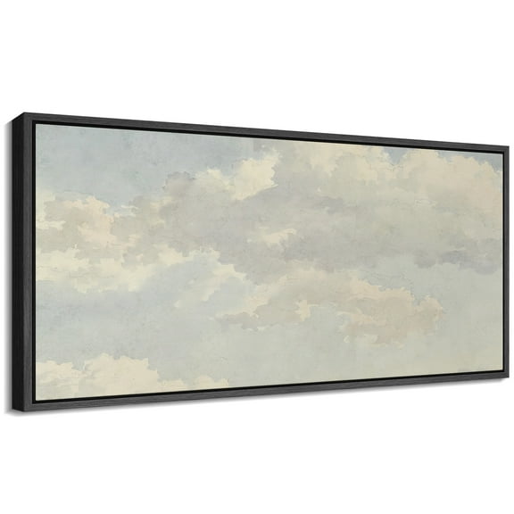 Large Framed Canvas Print Serene Blue and White Cloudscape Painting on CanvasWall Art Decorative Ready to Hang Painting for Living room Bedroom 60x30 inches Black Frame