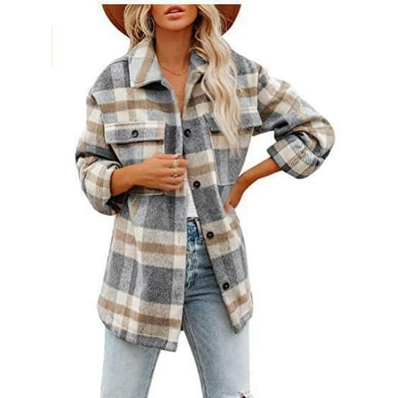 Femme Plaid Button Down Shacket Veste Casual Manches Longues Col Rm