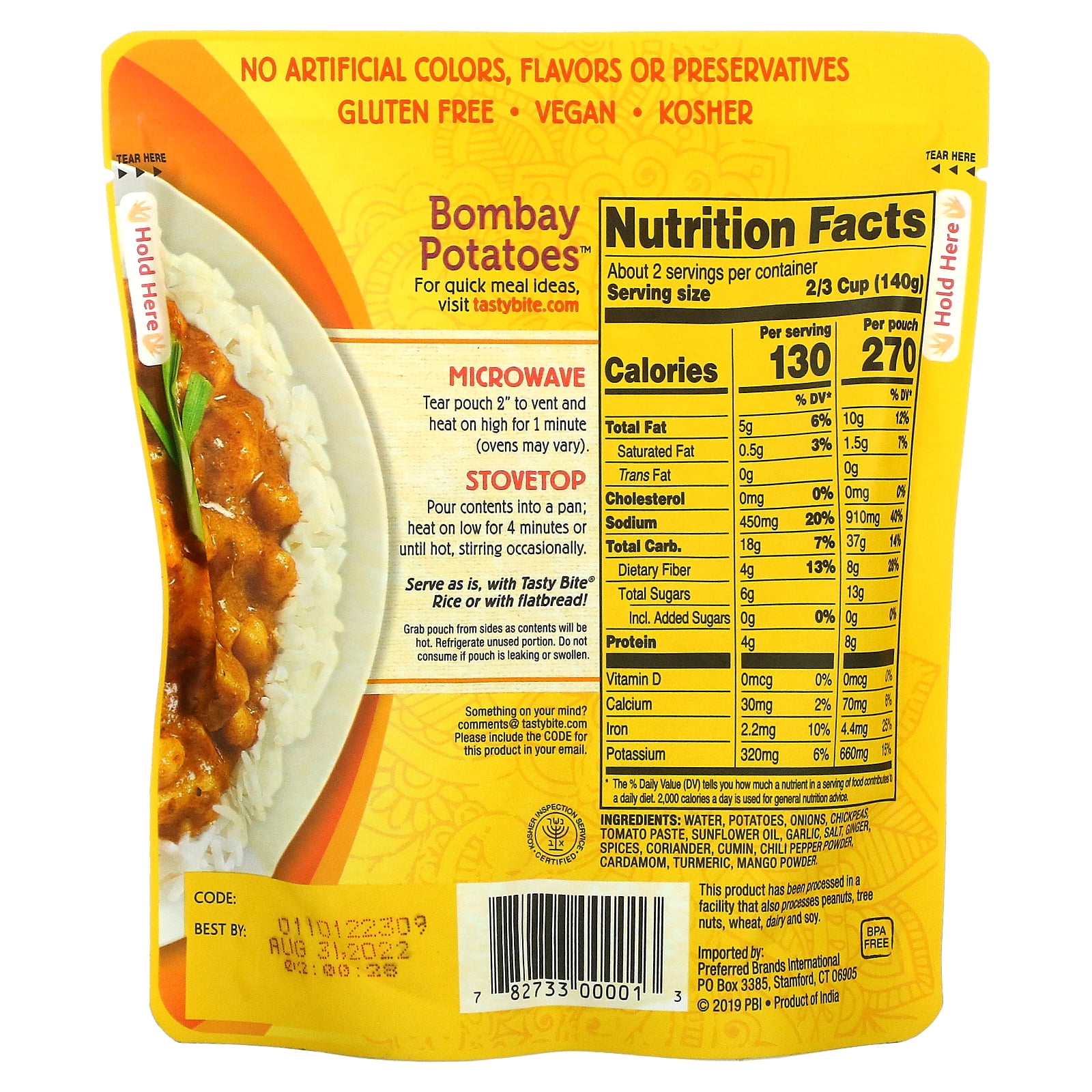 Tasty Bite, Indian Bombay Potatoes, Medium, 10 oz (285 g) Pack of 3
