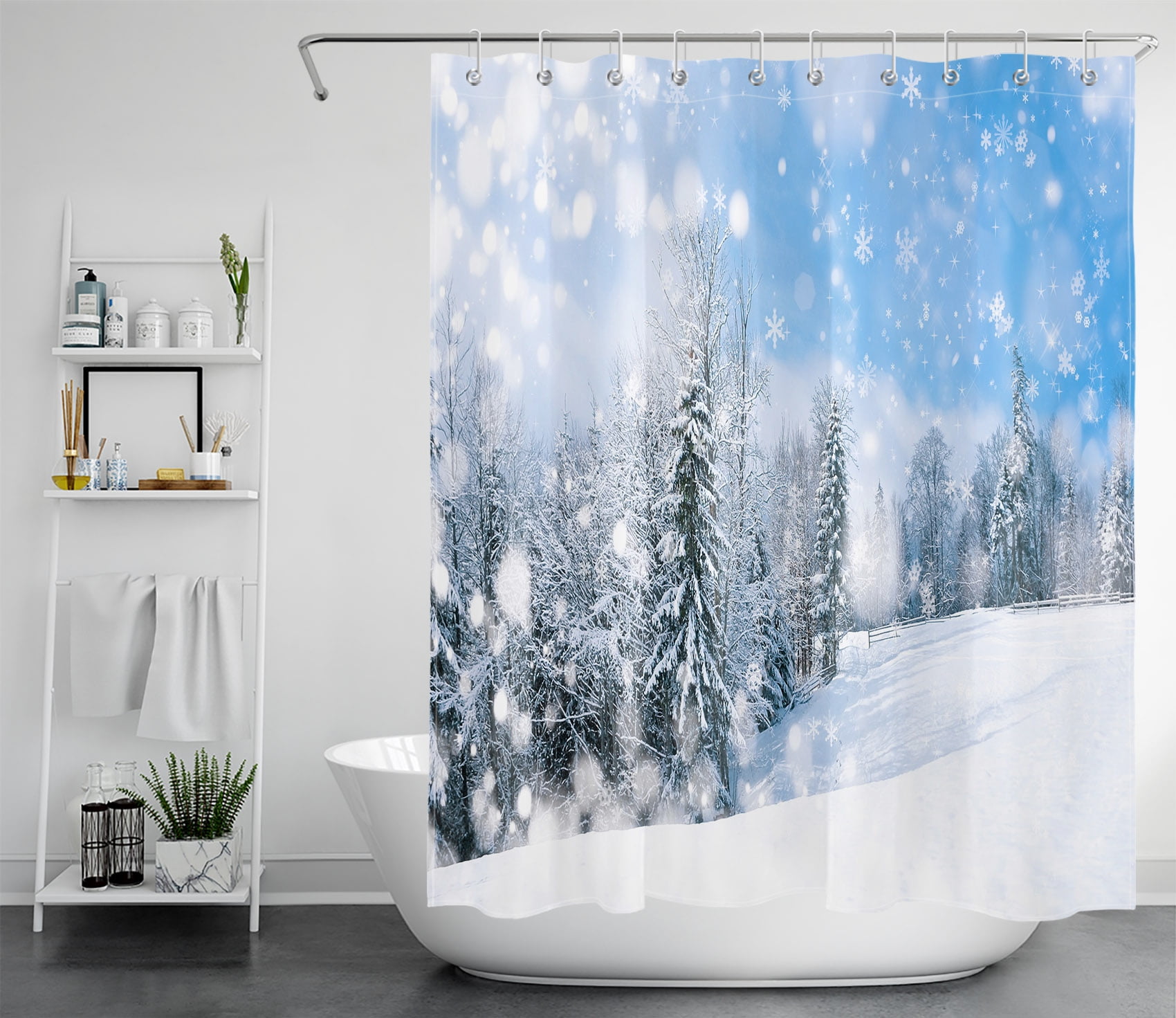 HVEST Winter Shower Curtain,Pine Forest in Snow Shower Curtain for Bathroom,Natural Scenery Polyester Waterproof Durable Fabric Bath Accessories with Hooks,60x72 Inches
