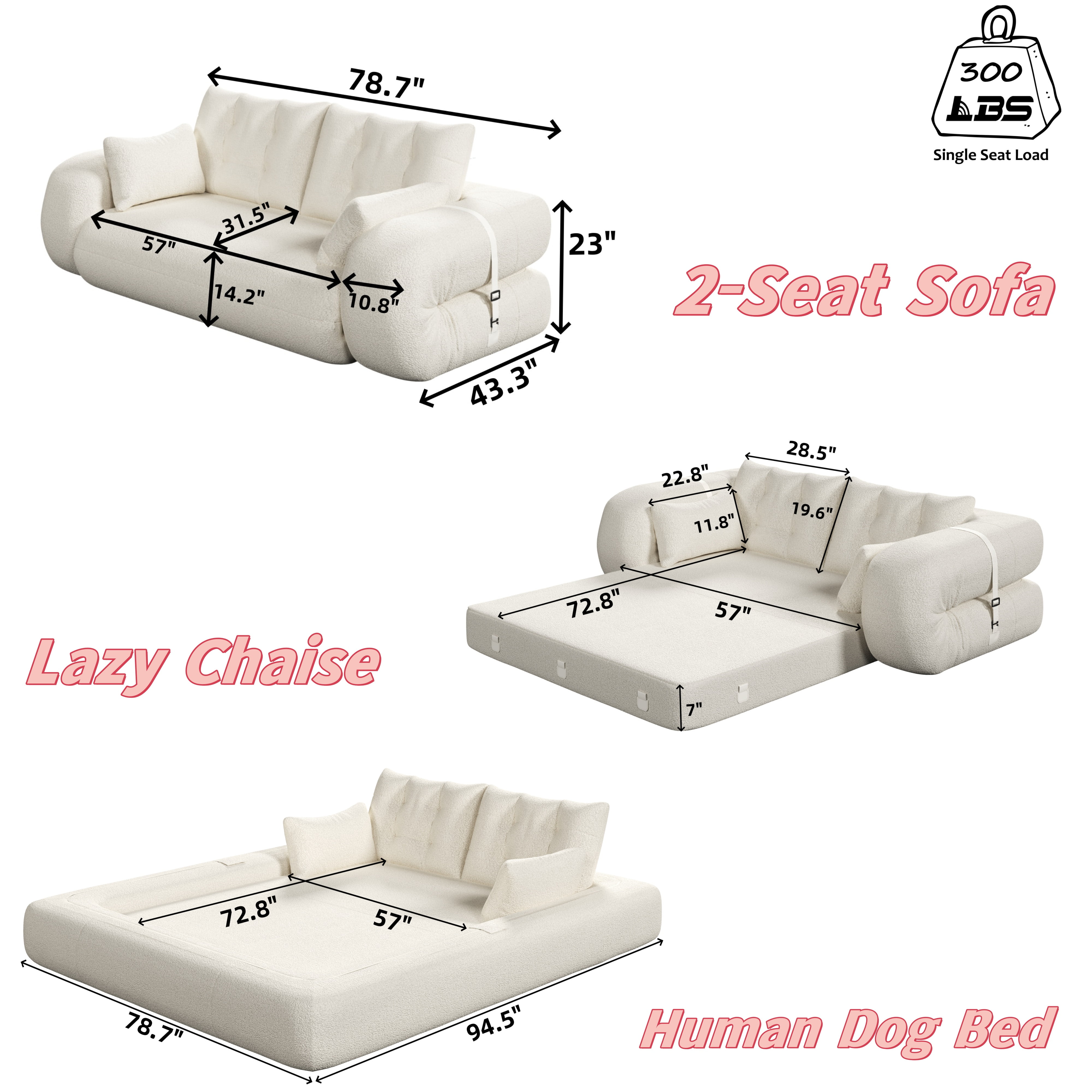 HiiKaa 3-in-1 Multi-Functional Dog & Human Sofa Bed,Foam-Filled Lazy Couch with Removable Cover,79" Foldable Teddy Fabric Sleeper Couch for Living Room,Guest Bed & Playroom Beige
