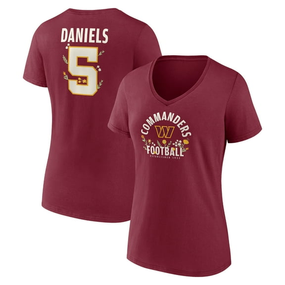 Women's Jayden Daniels Garnet Washington Commanders Floral Name & Number V-Neck T-Shirt