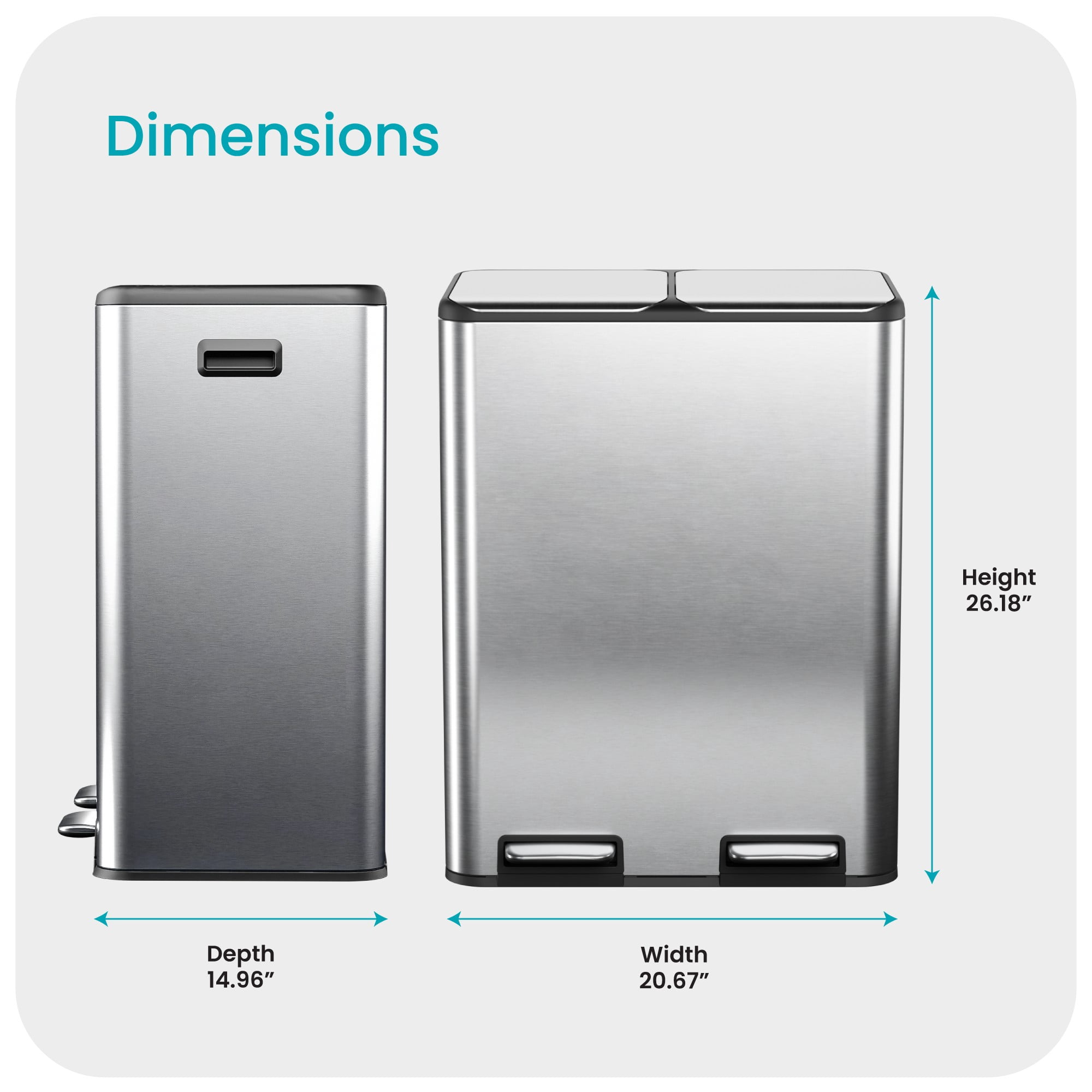 Home Zone Living 16 Gallon Stainless Steel Dual Trash and Recycling Can with Removable Liners and Soft Close Lids, Silver