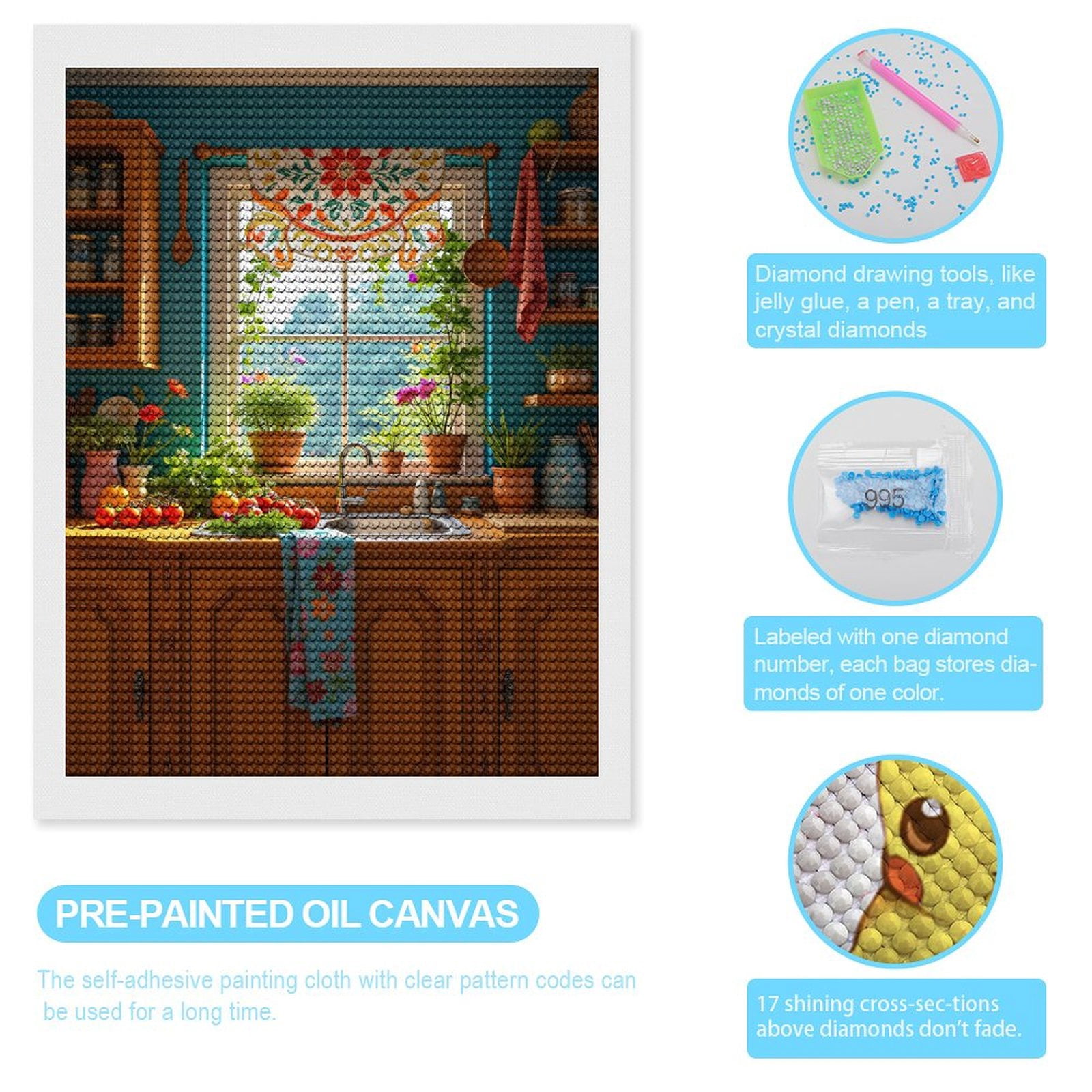 Diamond Art Kits for Adults, Colorful Kitchen Window Garden 5D Diamond Painting Kits for Adults Beginners, DIY Full Drill Diamond Painting, Gem Art and Crafts 12x16