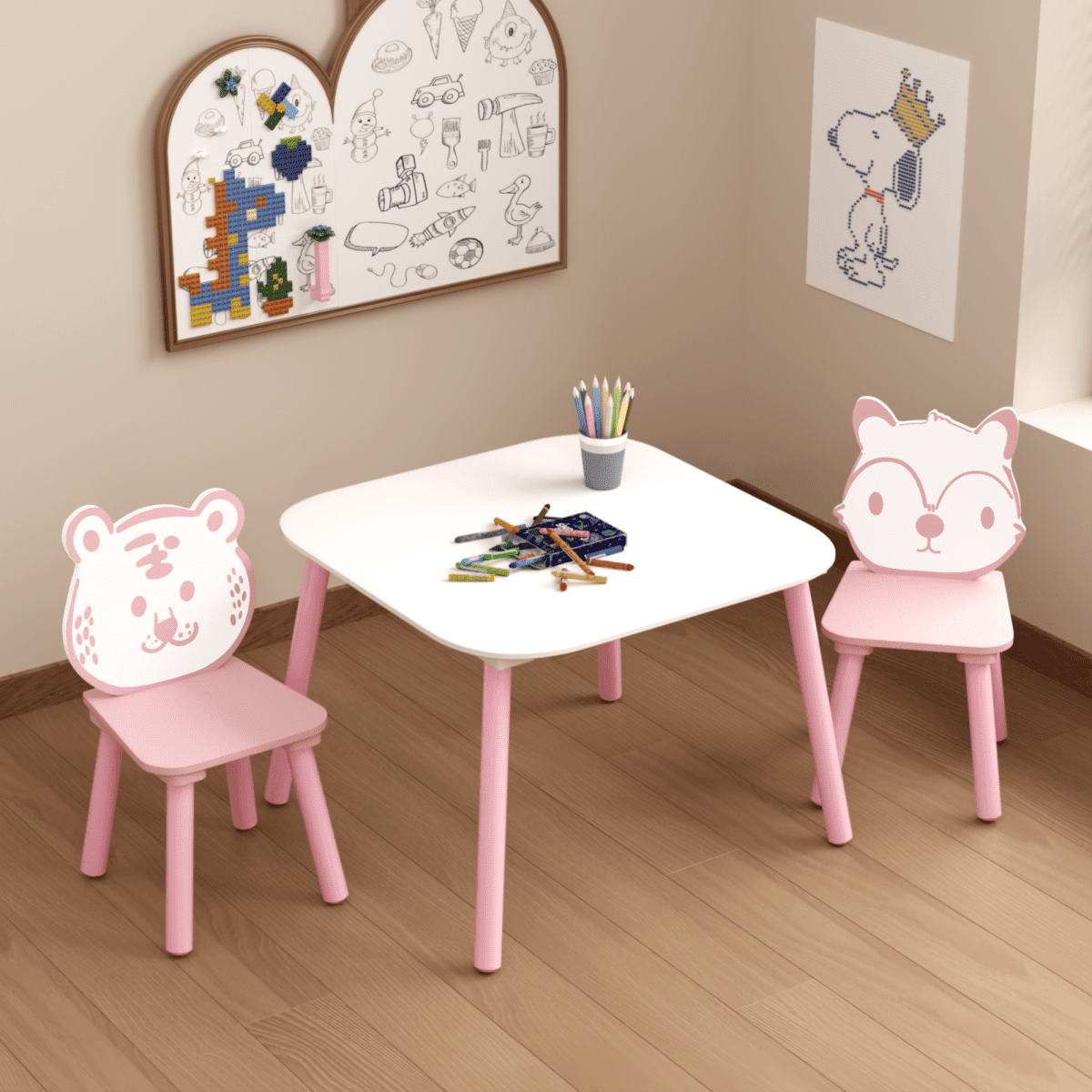 3 Piece Pink&White Wooden Kids Table and Chair Set   Animal Backrest Toddler Desk for Drawing  Learning  Playroom & Nursery