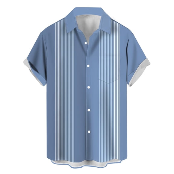 BUWTTED Mens Dress Shirts Button Down Stripe Short Sleeve Casual Summer Comfort Breathable Collar Blue Shirts L