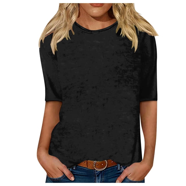 Womens Oversized T Shirts Round Neck 3/4 Sleeve Comfortable Print Blouse Ladies Tops Black M