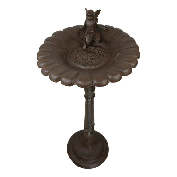 Cast Iron Pretty Garden Fairy Pixie On Sunflower Bird Feeder Bath Garden Statue