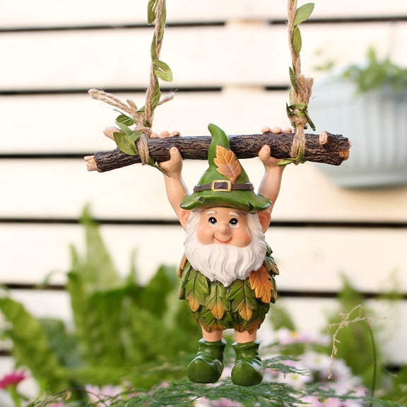 Leaf Style Gnome Swing Ornament, Resin Hanging Figurine, Charming Outdoor Decor, Artistic Accessory for Garden, Balcony and Front Porch Exterior Decoration, Multicolor