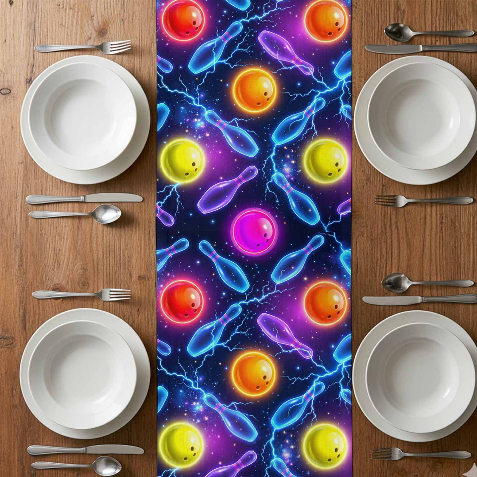Bowling Table Runner 16 x 72 Inch, Purple Blue Yellow Bowling Balls Bottles Sports Black Washable Cotton Linen Dining Table Runner Tabletop Decorations for Restaurant Home Kitchen Party