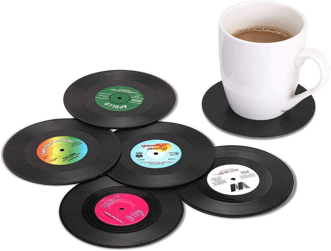 Tabletop Protection Prevents Furniture Damage Coaster Vinyl Record Retro Coasters with Funny Labels Set of 6 Drink Coasters with Gift Box 