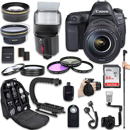 Canon EOS 5D Mark IV DSLR Camera + Canon EF 24-105mm f/4L IS II USM Lens + Fully Dedicated TTL Flash + 64Gb SDXC Card + 57 Inch Monopod + FB-150 Flash Bracket + Backpack Case (21 items kit)