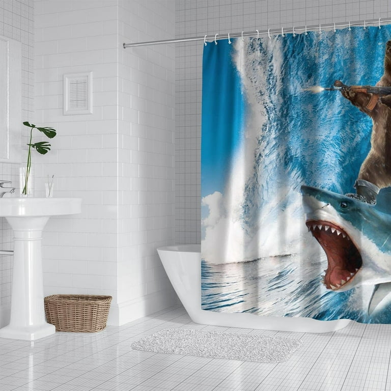 IORTY RTTY Bear Riding Shark Shower Curtain for Bathroom Waterproof 84X72  Inches Kid Funny Shower Curtain Decor Surfing Machine Gun Beach Theme Shower  Curtain with 12 Hooks 