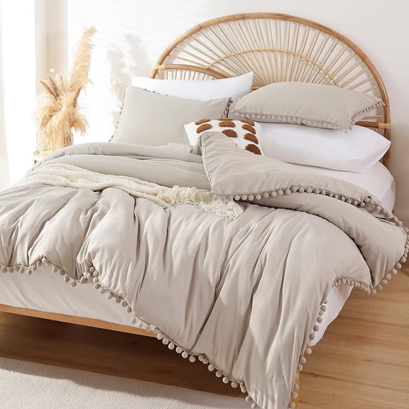 Queen Comforter Set - Comforter Queen Size Sets with Ball Pom Fringe, Soft Bedding Set for All Seasons - 3 Pieces, 1 Comforter (90"x90") & 2 Pillow Shams (20"x26"), Oatmeal