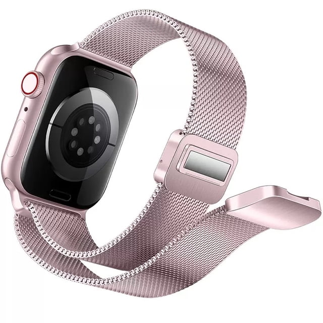 correa milanesa de acero inoxidable para apple watch, compatible con todas las series Rosa 38/40/41mm unisex; vista 3/4 frontal mostrando malla fina de acero inoxidable, cierre magnético tipo hebilla y adaptadores para caja 38–41 mm, largo aproximado 24 cm sobre fondo blanco; accesorio para reloj también adecuado para uso diario y actividades deportivas.
