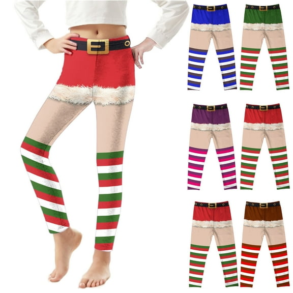 MKOSPLRT Christmas Legging for Kids Girls Striped Leggings Birthday Stretchy Tights Pants High Waist Cute Yoga Sport Leggings 3-8Y