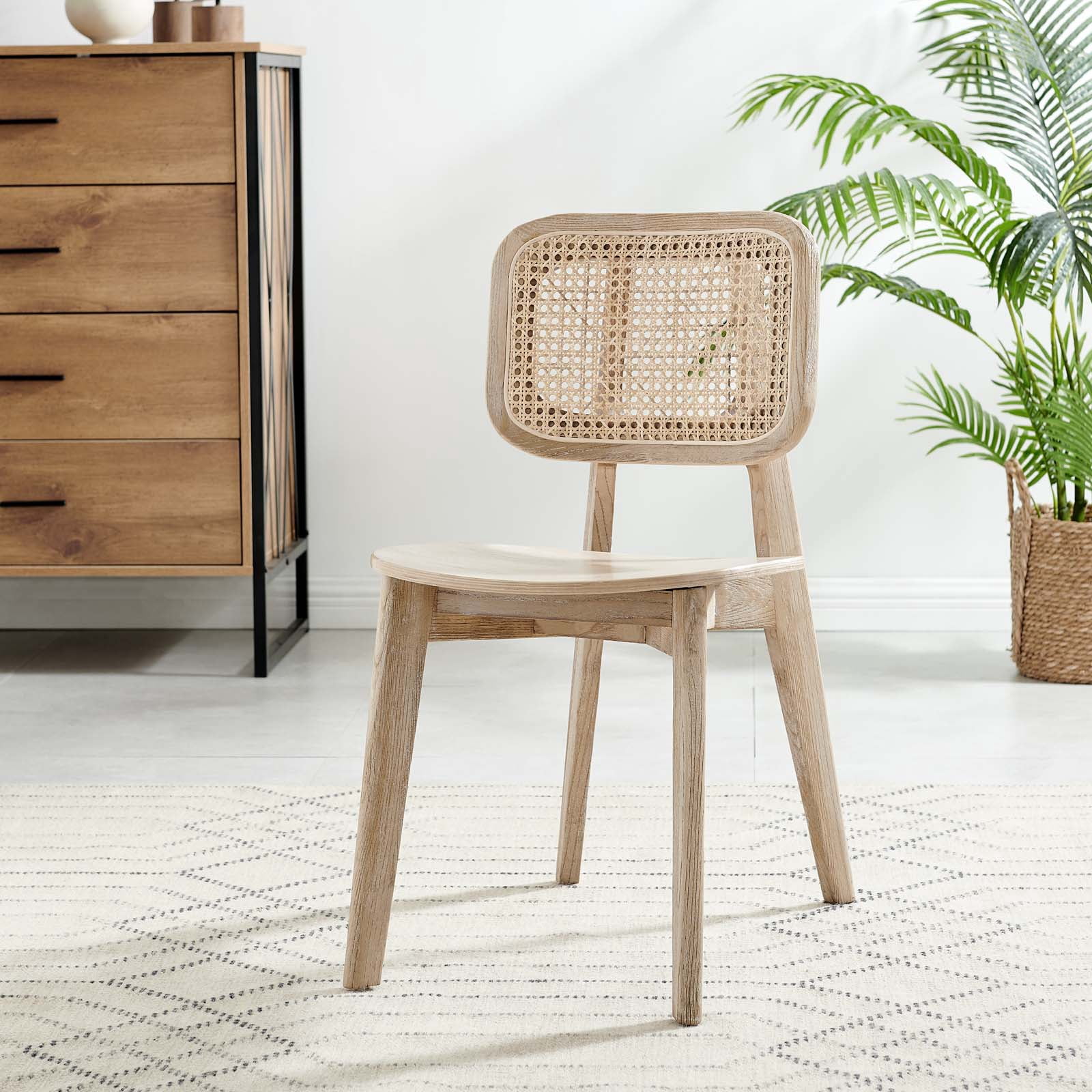 Modway Habitat 18" Wood and Rattan Dining Side Chair in Gray