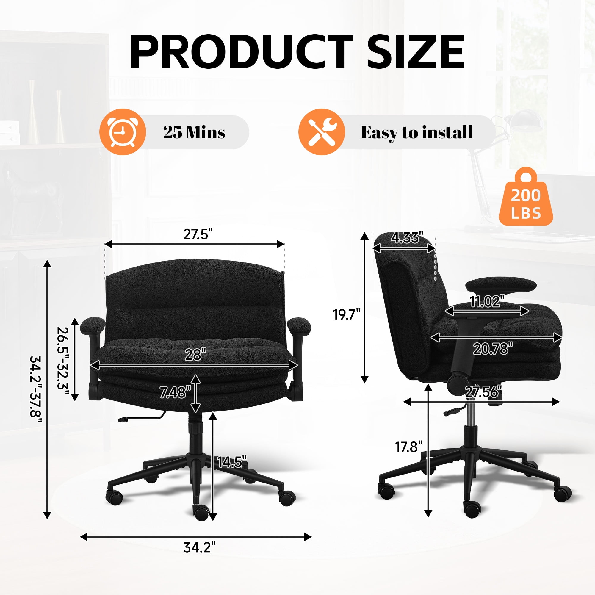 DOMICARE Criss Cross Chair with Flip-Up Arms, Wide Cross-Legged Office Chair with Wheels, Swivel Vanity Desk Chair, Black Boucle