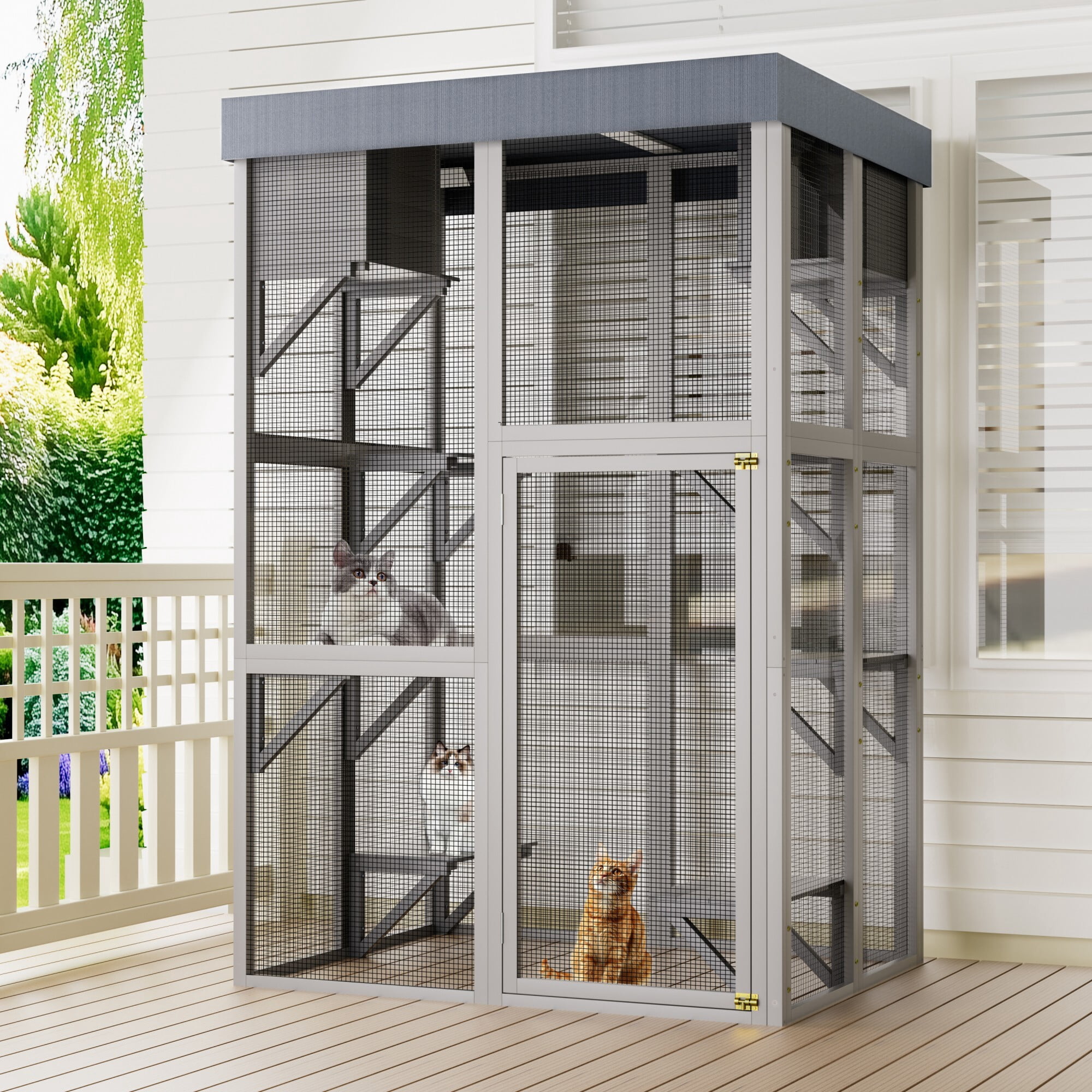 AENKYO 70.5'' H Outdoor Catio Cat Enclosure with Waterproof Roof, 6 Platforms, 2 Napping Houses, Cat House for Multiple Cats, Gray