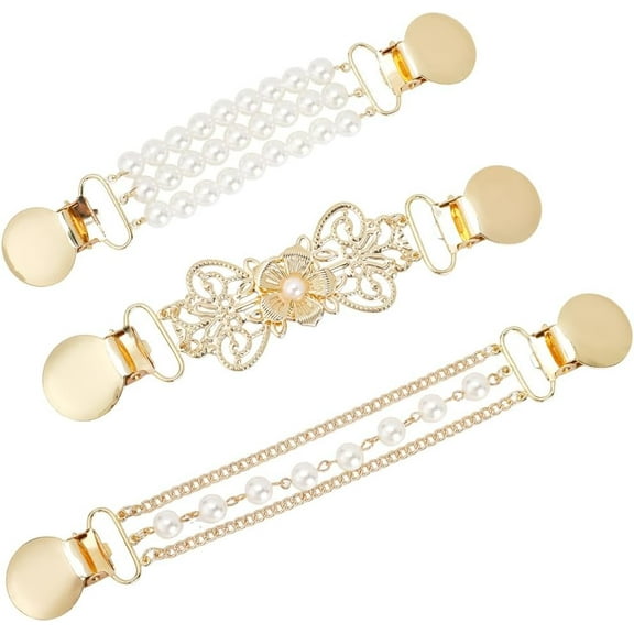 1 Box 3Pcs 3 Styles Vintage Shirt Dress Clips White Faux Pearl Beaded Alloy Gold Cardigan Sweater Shawl Clip Shirt Cinch Brooch for Women Clothing Coat Scarf Wearing Accessories Gifts