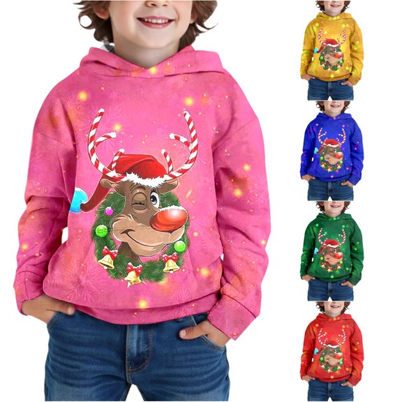 Tanghaowl Kids Hoodies Boys Santa Print Hooded Sweatshirt Festive Pullover for Kids Holiday Outfit Cozy Top with Soft Fabric Hot Pink 11-12 Years
