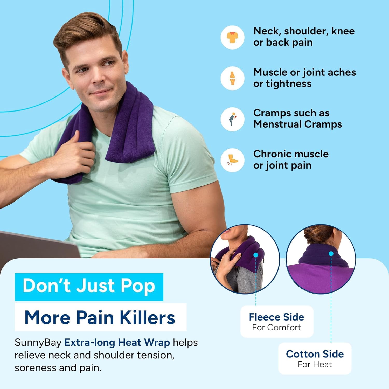 SunnyBay Microwave Heating Pad, Microwavable Heated Neck and Shoulder Wrap for Moist Hot or Cold Therapy, Lightly Weighted with Moldable Flaxseed, Cotton and Fleece Surface, 26x6 Inches, Purple