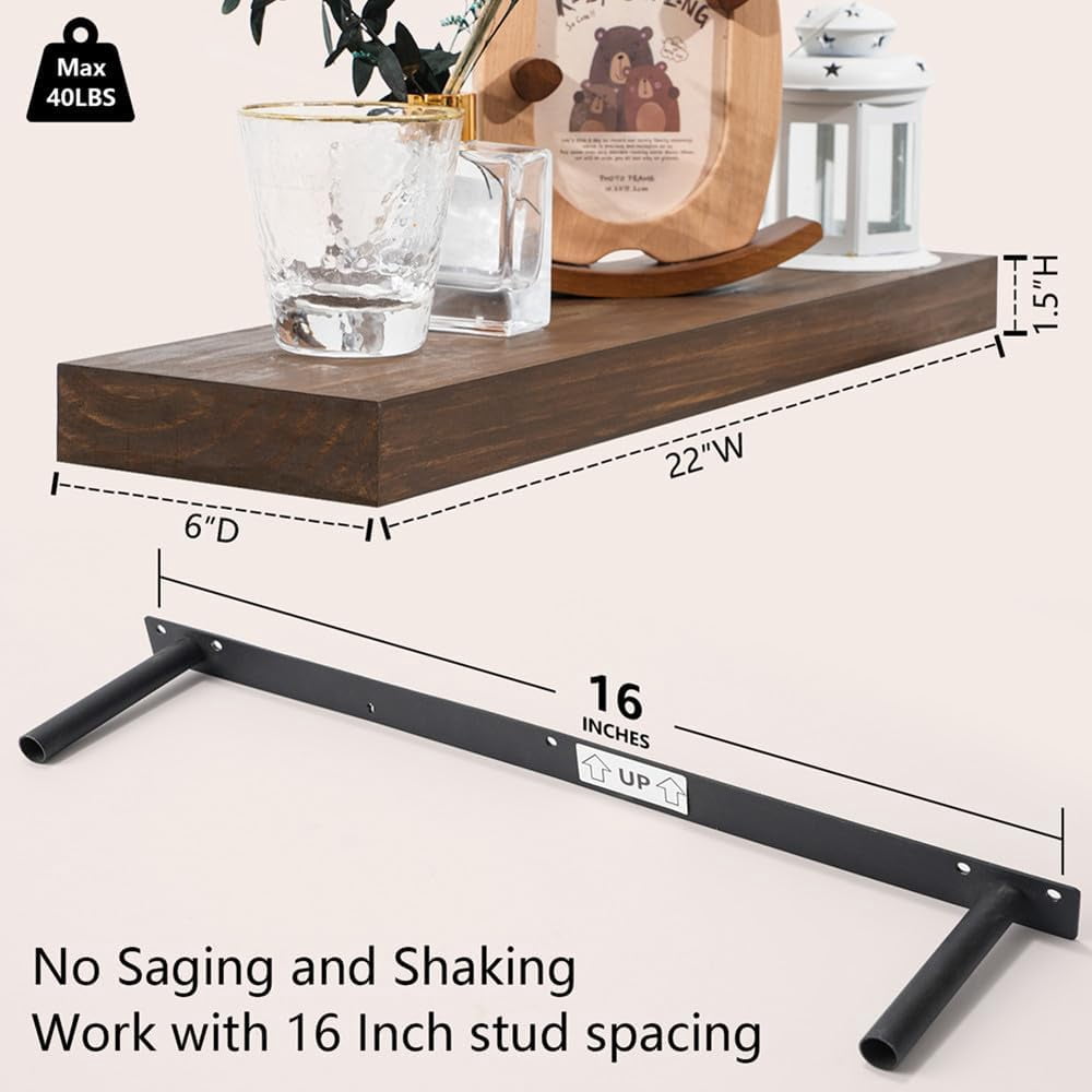Wood Floating Shelves for Wall Set of 3, 22 Inch Rustic Floating Shelf Wall Mount, Solid Wooden Bathroom Floating Shelves for Kitchen, Bedroom, Living Room - Dark Walnut