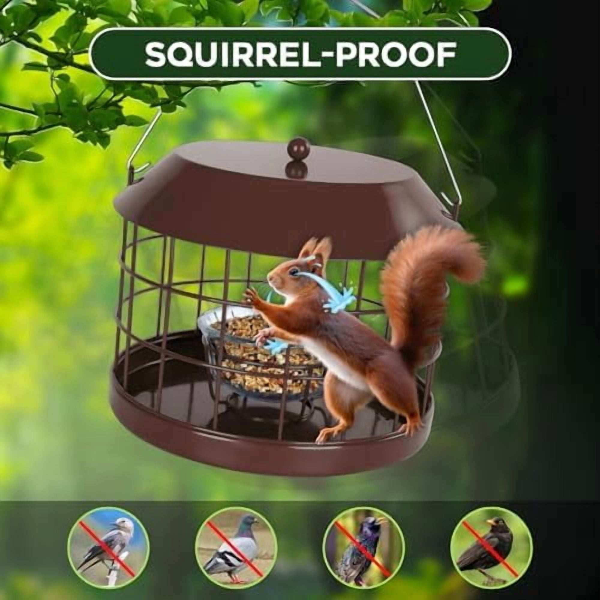 Caged Bluebird Feeder for Mealworms with Glass Bowl, Squirrel Proof Bird Feeder for Small Birds Only, Detachable Hook, Large Space, Outdoors Weatherproof, Metal, Brown