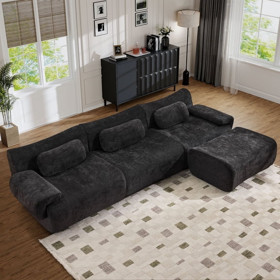 Muumblus Modular Sectional Sofa with Movable Ottoman, Oversized L-Shaped Cloud Sofa with Chaise, Boneless Deep Seat Living Room Couch, Black Chenille