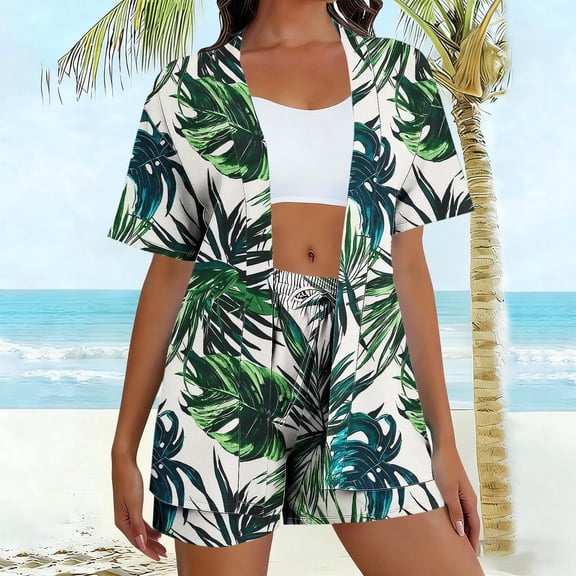 Cagogo Women's 2 Piece Shorts Set Tropical Leaf Hawaiian Beach Outfits Loose V Neck Short Sleeve Jacket Casual Summer Cruise Matching Sets Lounge Airport Travel Clothes, Green L