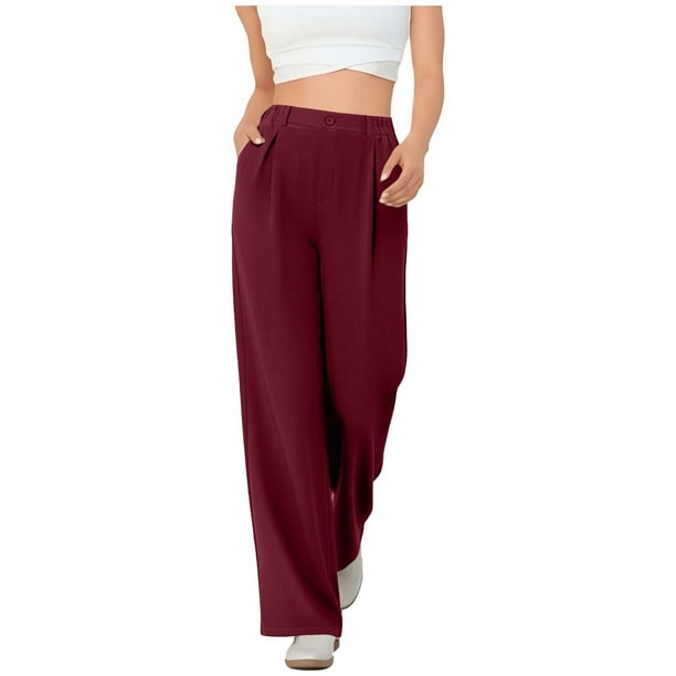 Amzcrzy Pantalones Vestir Mujer Color Liso S-2XL - Cintura Alta Elástica, Pliegues Frontales, Sin Cremallera, Bolsillos, Para Trabajo Rojo