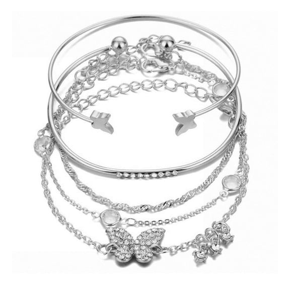 DAMAI 5 Pcs/Set Layered Butterfly Bracelet Bohemian Gold Silver Butterfly Crystal Bangle Set, Retro and Elegant Bow Open Bracelet for Women Best Gift for Friends