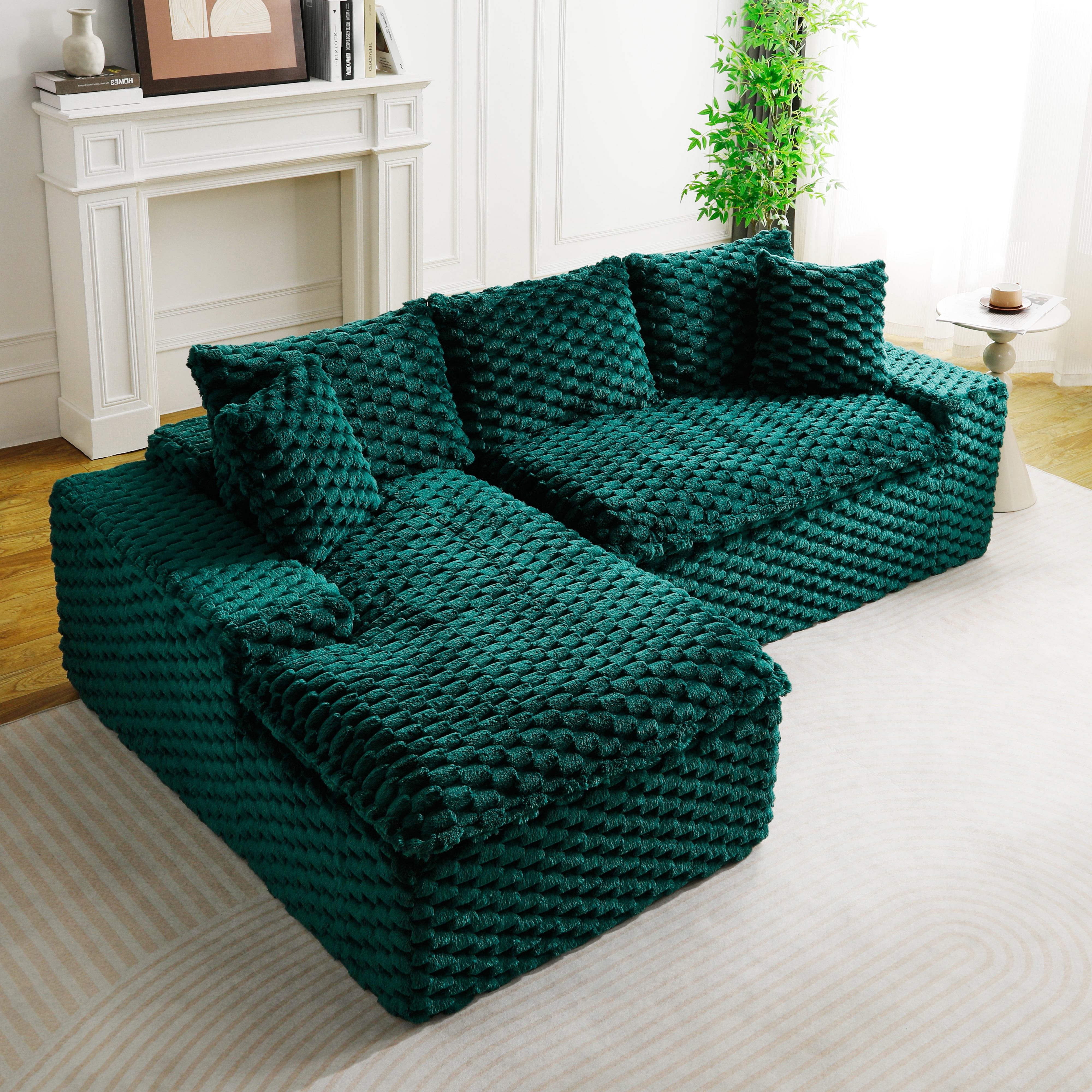 HOQBN 96"W Modular Sectional Sofa,L Shape Modern Corduroy Cloud Couch,Upholstered Deep Seat Boneless Sofa Couch with Left Chaise Lounge for Living Rooms,No Assembly Required,Green