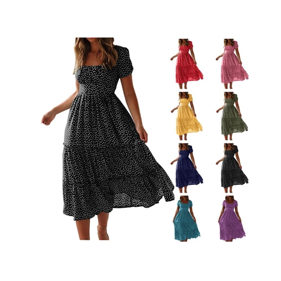 Summer Dresses for Women Square Neck Short Sleeve Sundress Casual Loose High Waist Midi Dress Beach Vacation Wear