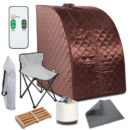 2L Far Infrared Sauna, One Person at Home Portable Full Body SPA Tent with Heating Foot Pad and Portable Chair-Brown