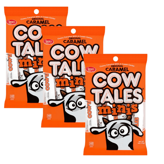 Cow Tales Original Caramel Candy Minis Made with Chewy Caramel Wrapped Cream Center Great for Halloween Trick or Treats Christmas Stockings Birthday Party Favors & Everyday Candy Dish 4Oz. 3 Pack