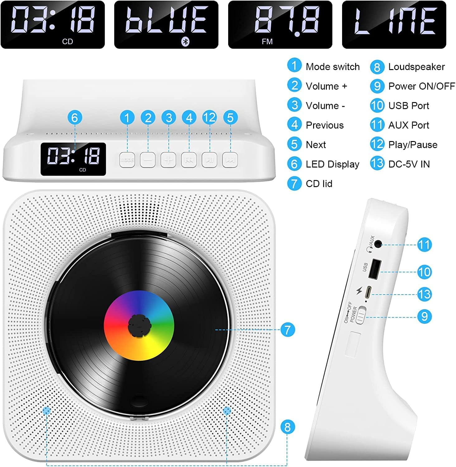 CD Player Portable Bluetooth Desktop 4000mAh Rechargeable CD Player with Remote Control for Home CD Player with Timer HiFi Speakers Dust Cover LCD Screen Display FM Radio-White