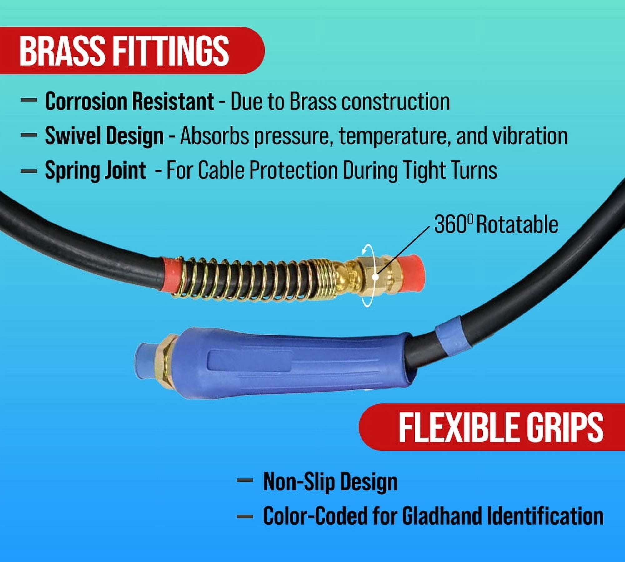 15 Ft Air Line Hose Assemblies with Flexible Grips & 1/2" NPT Fittings - 1 pair (2 pcs) - Air Line Hose Straight Lead Set for Semi Truck, Trailer, Tractor
