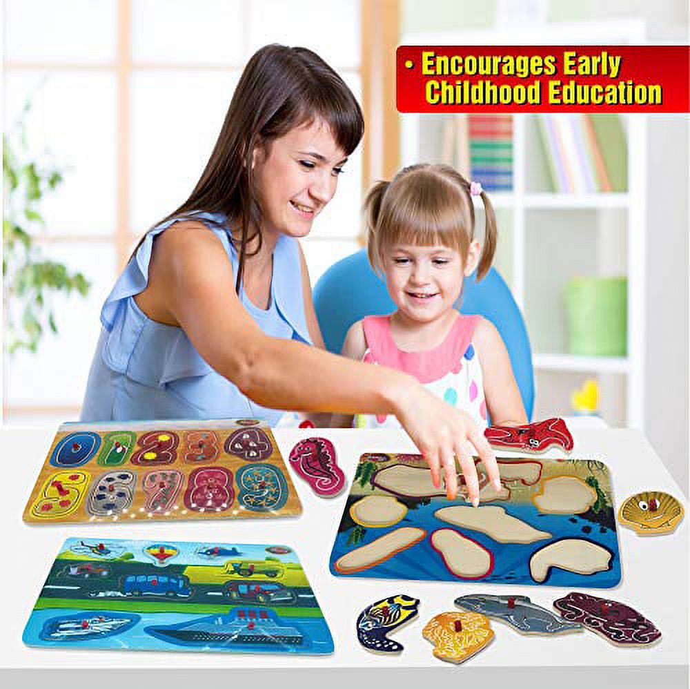 Hoovy Baby Peg Puzzle 6-in-1 Set - 6 Different Themed Educational Knob Puzzles - Alphabet, Numbers, Sea Life, Dinosaurs, Shapes & Vehicles - Bonus: Storage